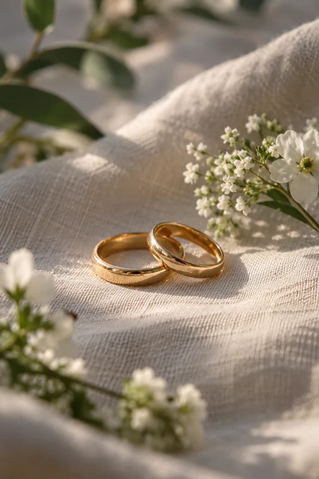 Vigselringar på ljust linne tillsammans med små blommor