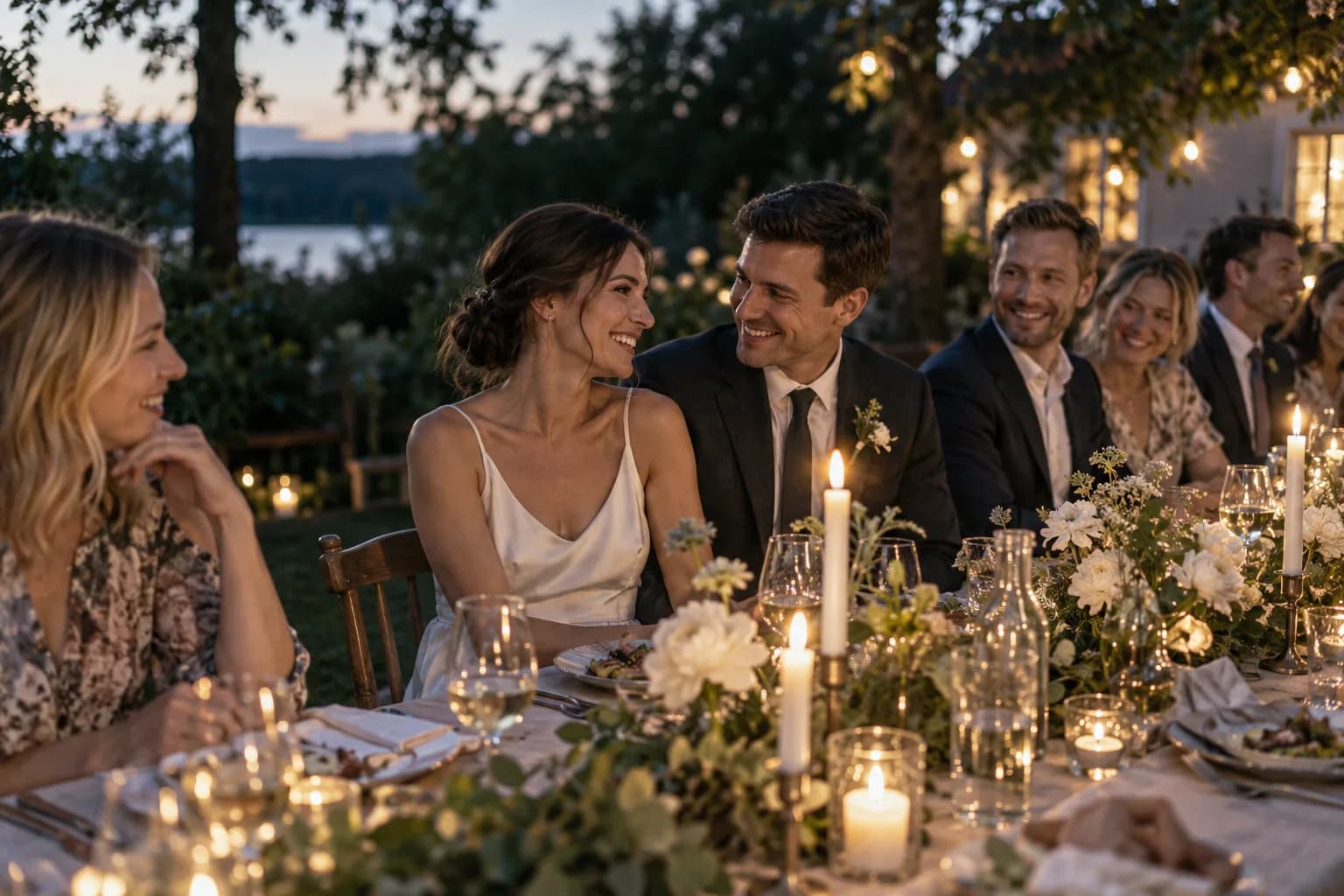 Vänner samlade vid ett levande ljus-belyst långbord utomhus