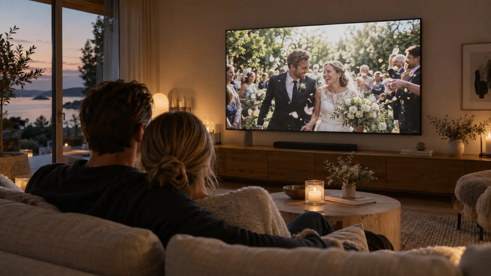 Ett par tittar på bröllopsbilder på en TV i vardagsrummet